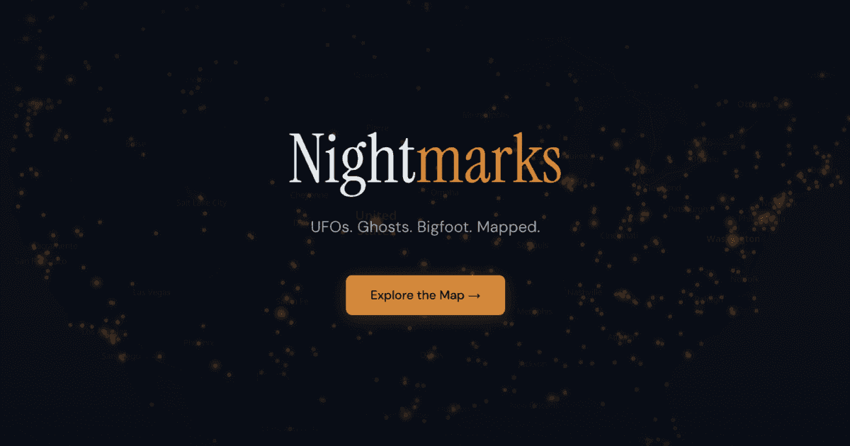 The Nightmarks home page: serif wordmark with an orange glow of encounter pins across a dark world map.
