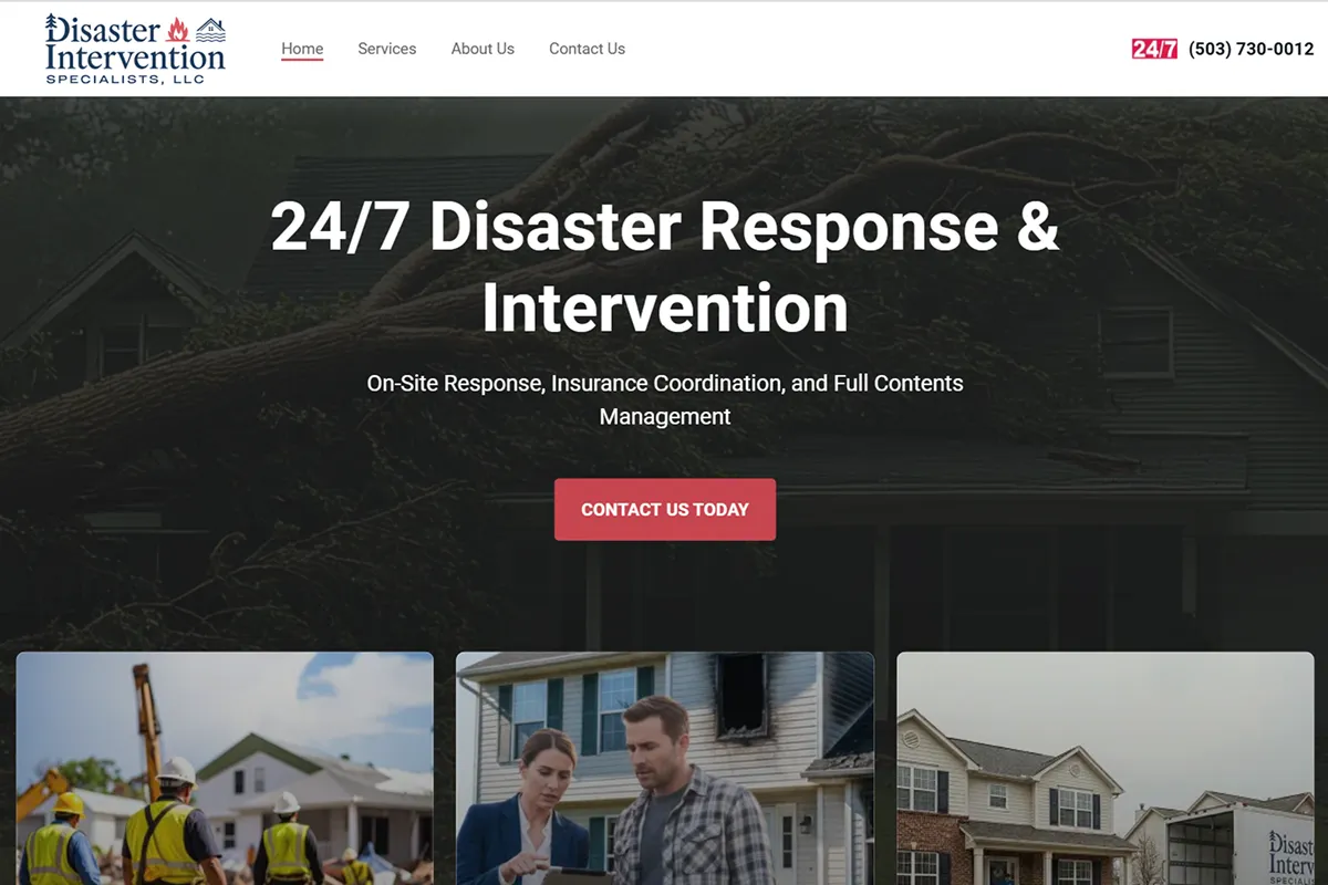 Disaster Intervention Specialists home page: 24/7 disaster response hero with three service blocks underneath.