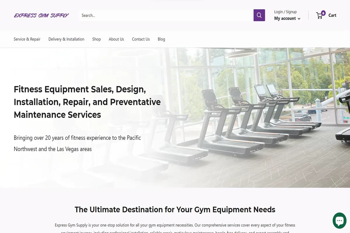 Express Gym Supply home page: fitness equipment delivery and installation business with 20+ years of experience.