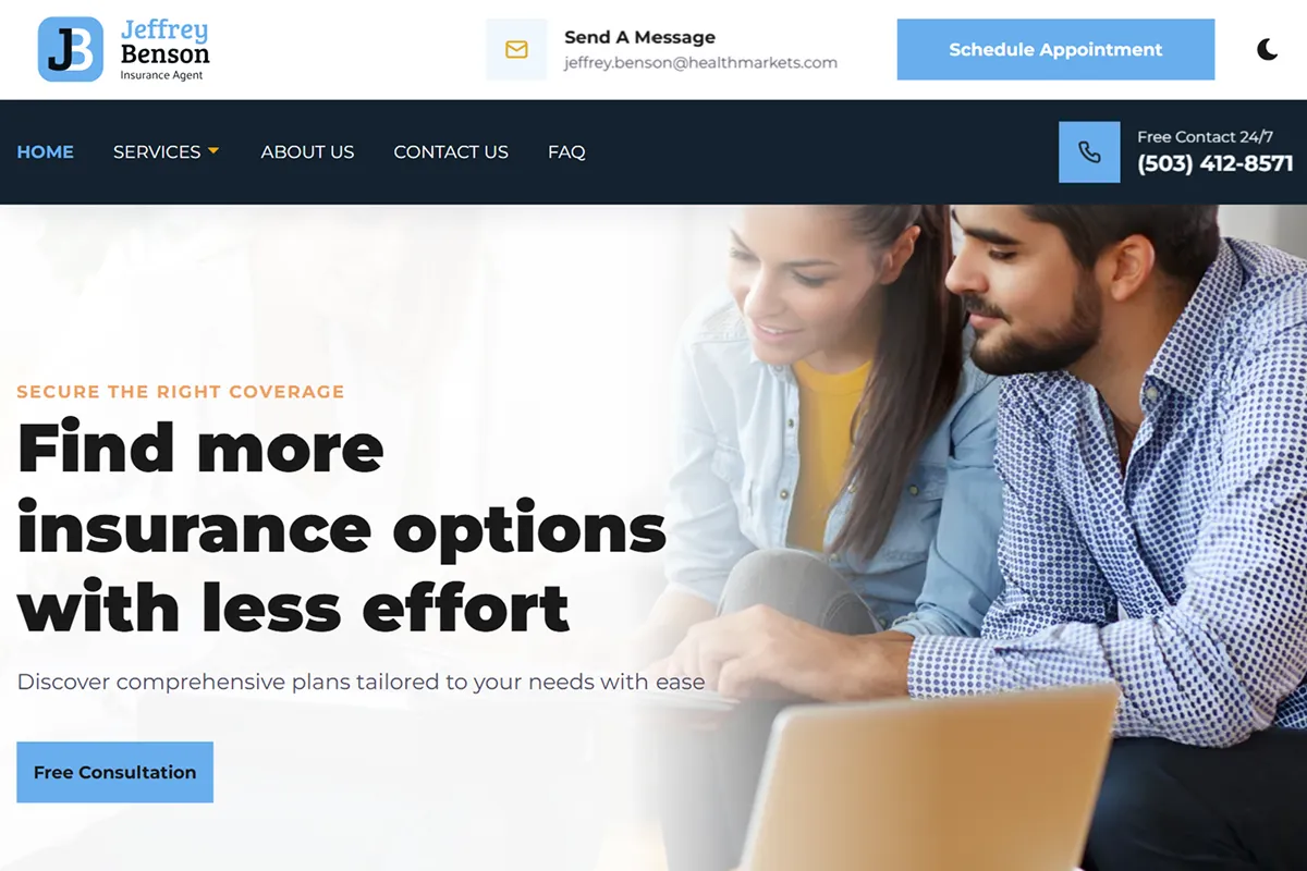 Jeffrey Benson Insurance home page: “Secure the Right Coverage” hero with the six insurance product lines listed.