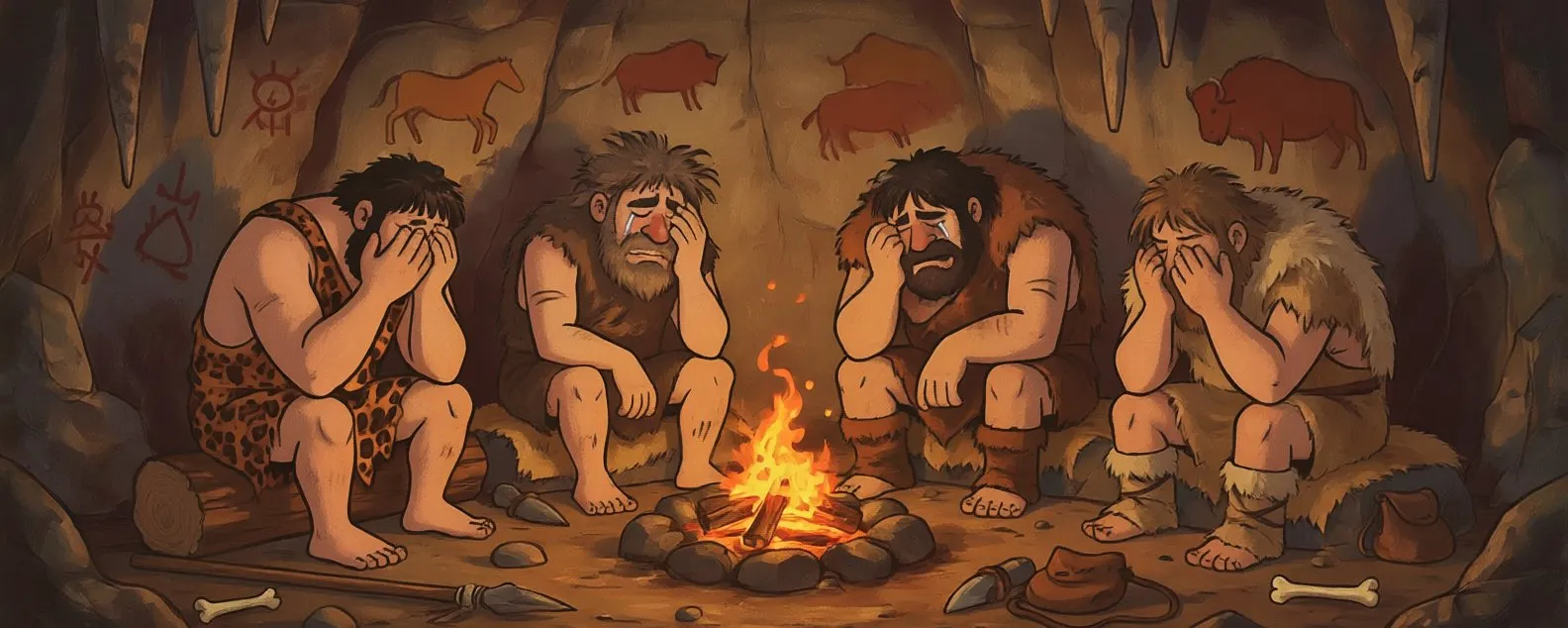 Cartoon cavemen sit around a fire crying into their hands, cave paintings of animals visible on the wall behind them.